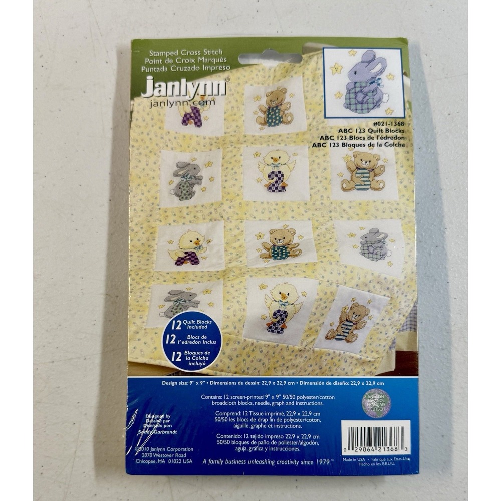 Janlynn ABC 123 Quilt Blocks Cross Stitch 021-1368 New 9"x9" BEAND NEW*